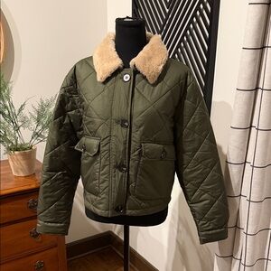 White Birch Olive Quilted Jacket with Tan Faux Fur Collar